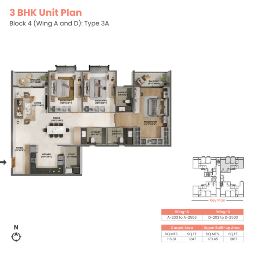 adarsh welkin park 3 bhk floor plan type 3a